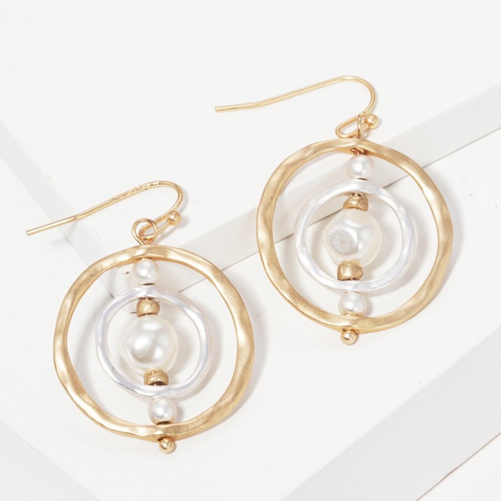 Earrings Hammered Drop Round Gold White Two‎ Tone Fashion Jewelry Zinc Alloy